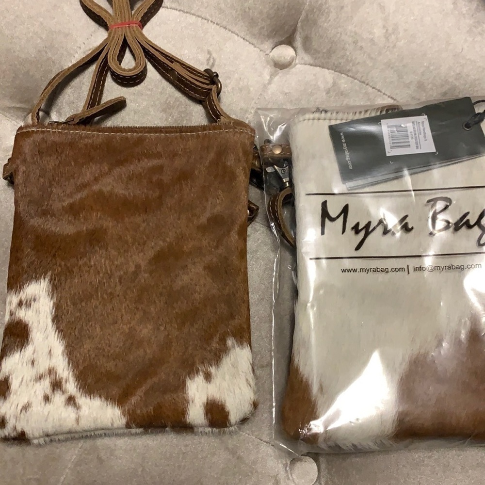 Myra bag, leather and hairon Crossbody bag, brown and white, new